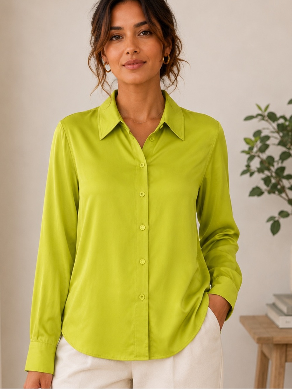 Zara Lime Green Satin Button-Up Blouse Size XL